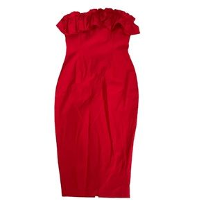 Vesper for ASOS red tube bodycon midi dress w/ full zipper‎ back and ruffle top